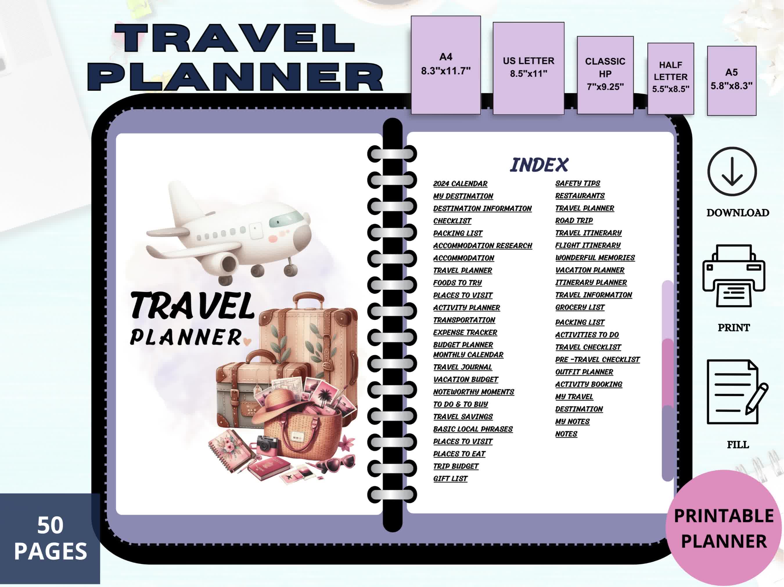 Need a Travel planner that you can use year after year? 
Planning a trip is overwhelming. This Hyperlinked 50 pages Travel planner breaks down and helps keep track of every detail of your vacation and your entire travel schedule and your trip costs. Use this planner to help you visualize your travel goals, keep a travel bucket list, journal, trip details, logistics, travel times, costs, recommendations, packing list and accommodation.

The planner is simple and straightforward so that you can stay organized all vacations at all times using this planner. This item is an instant digital download - ready to print immediately!
#TravelPlanner #PrintablePlanner