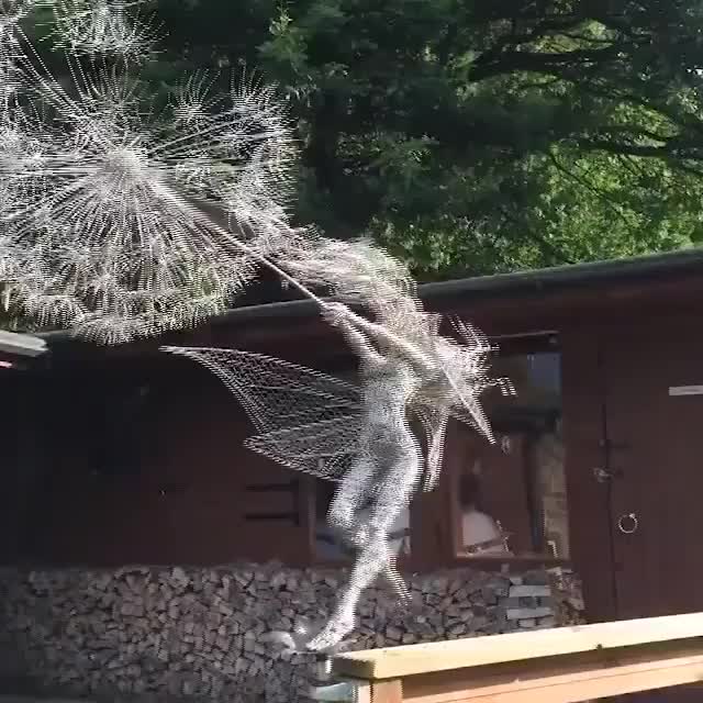 This may contain: a dandelion in the shape of a woman is flying over a wooden bench