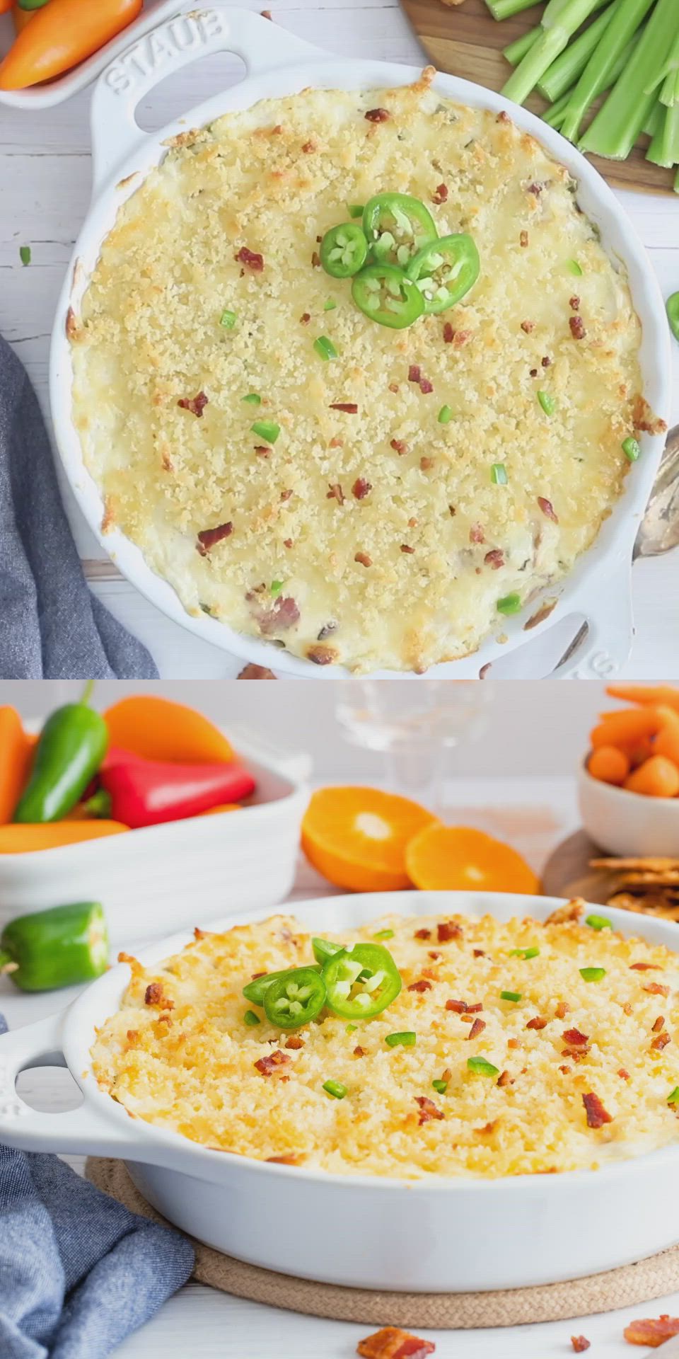 This may contain: a casserole dish with cheese and vegetables in the background on a white table