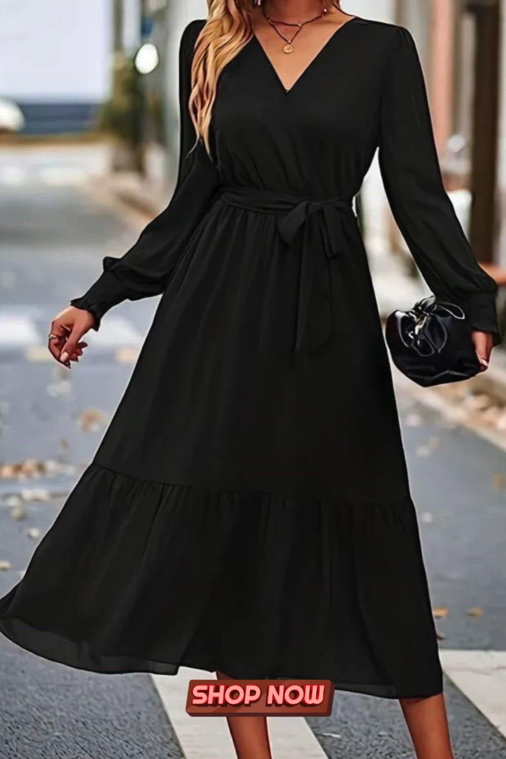 Solid V Neck Dress, Casual Long Sleeve Belted Dress