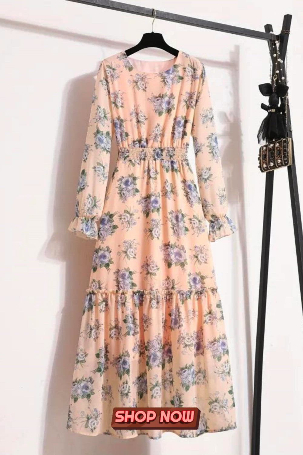 Floral Print Crew Neck Dress, Elegant Long Sleeve Shirred Waist Dress