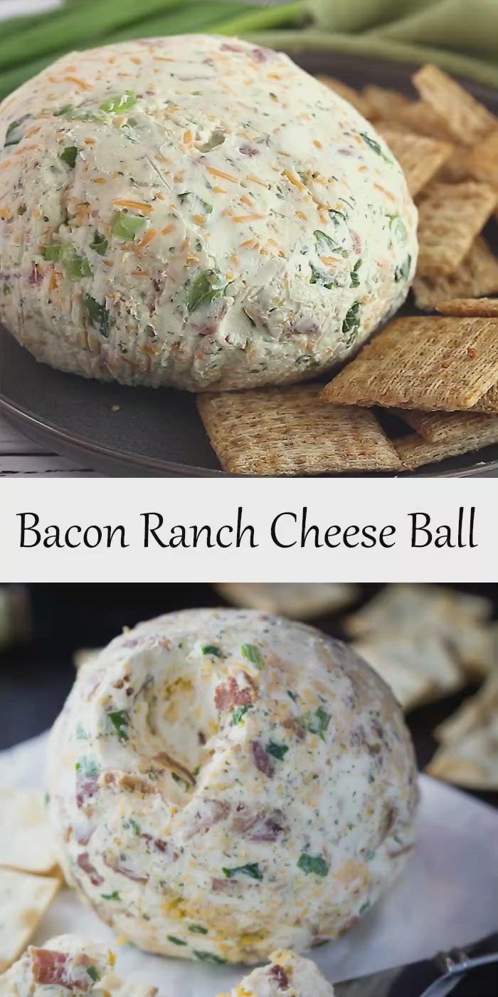 This may contain: bacon ranch cheddar cheese ball on a plate with crackers