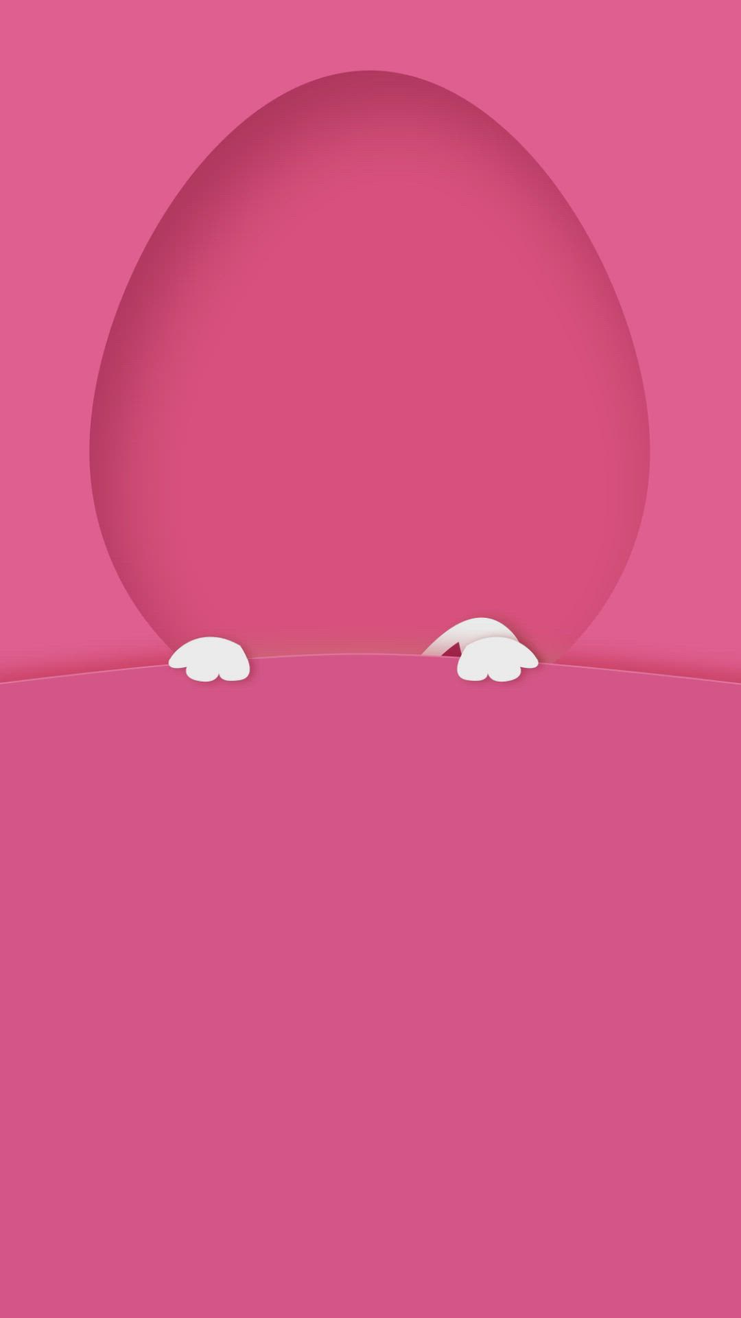 This may contain: an easter bunny peeking out from behind a pink background with flowers and eggs on it