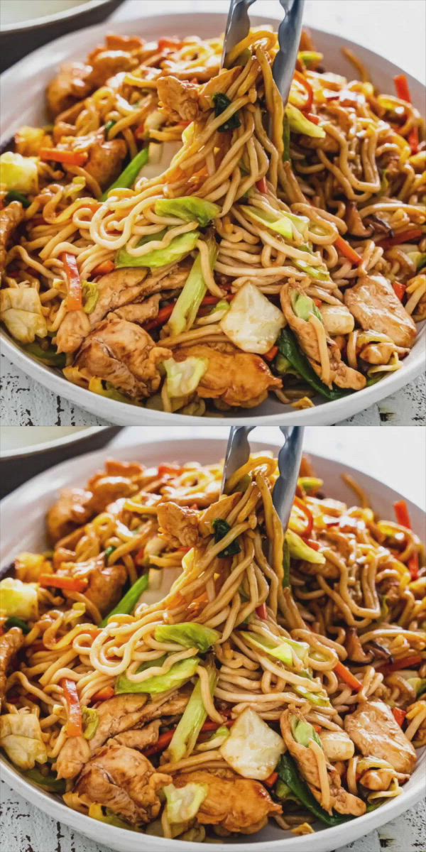 This may contain: two pictures showing the process of making chicken lo mein noodles with chopsticks in them