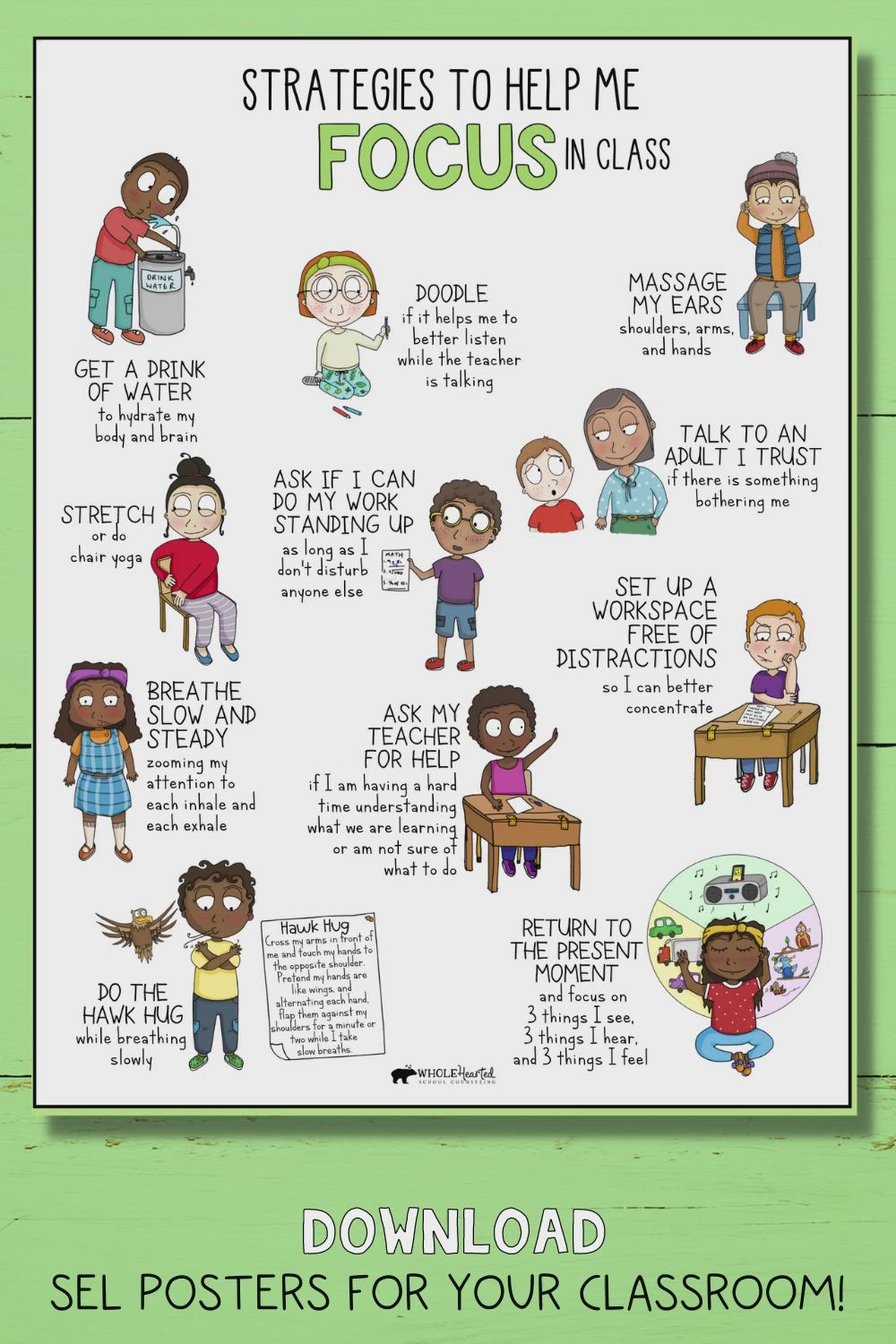 This may contain: an illustrated poster with the words, stages to help me focus in class