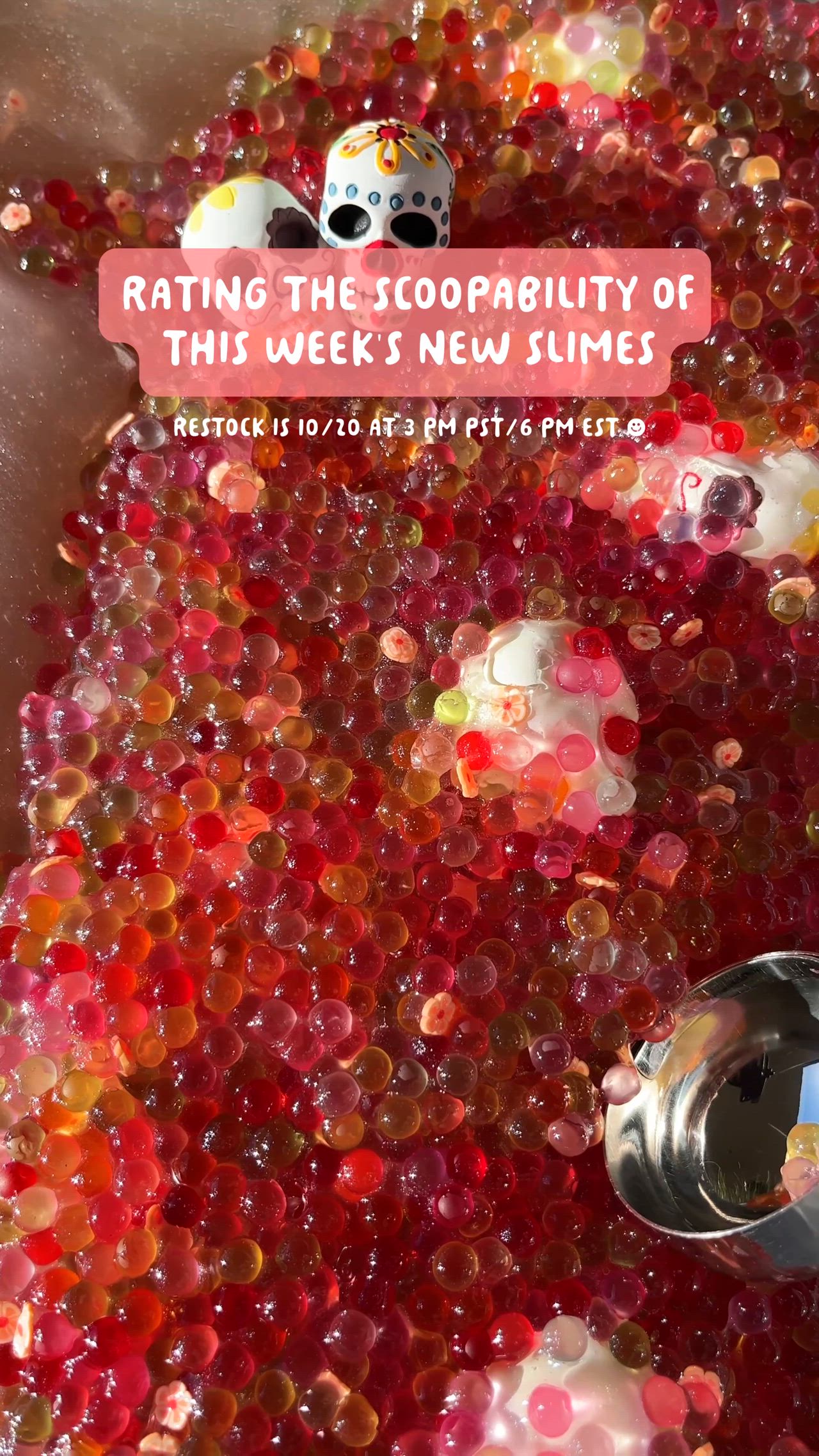 This may contain: a bucket filled with lots of different colored beads next to a sign that reads, ratings the scoppiility of this week's new slimes