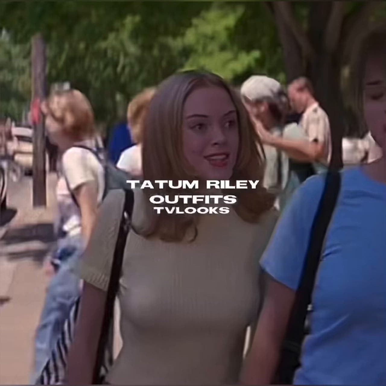 This may contain: two women walking down the street talking to each other with text that reads, tatum riley outfits vloks