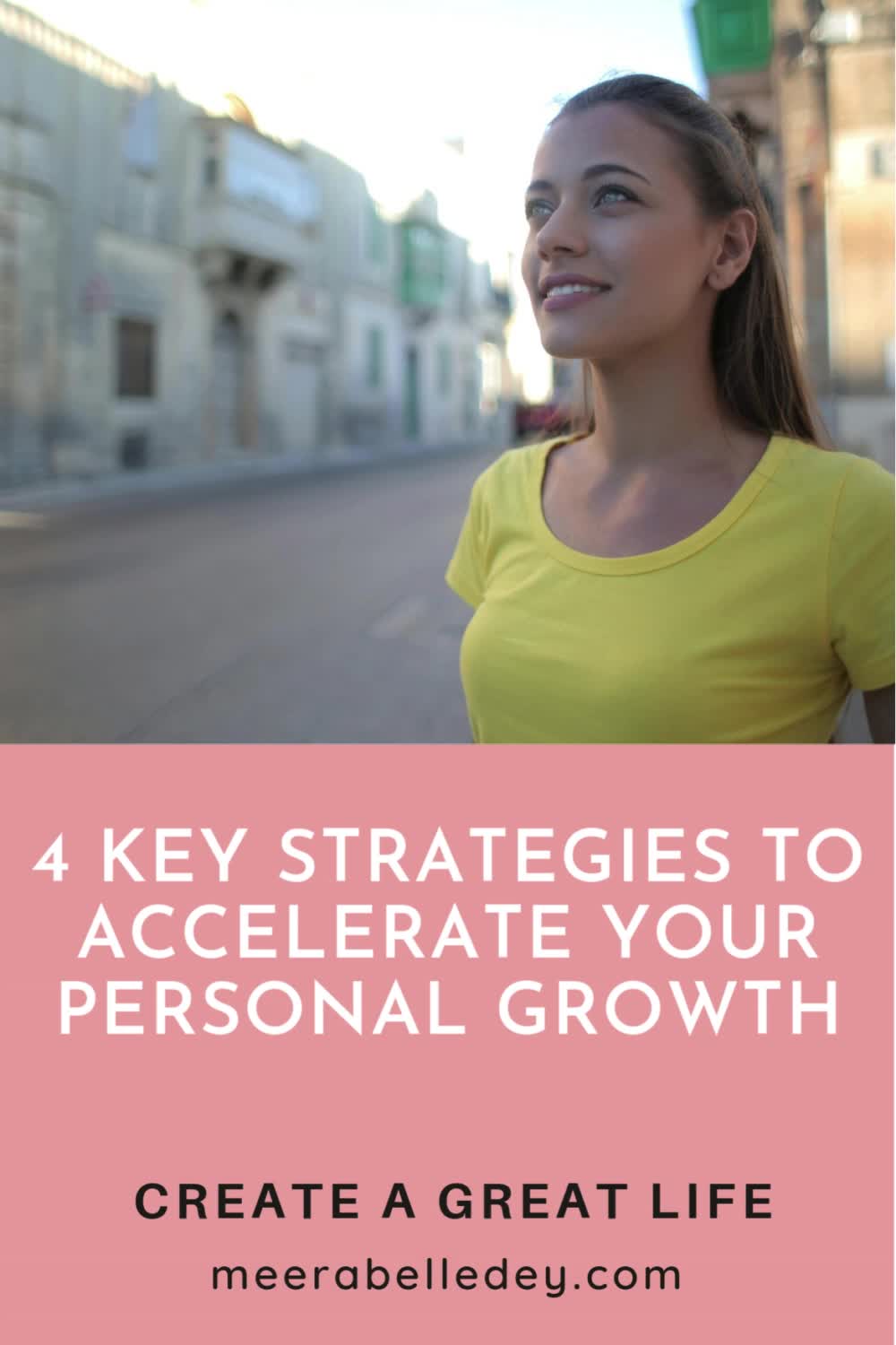 This may contain: a woman standing in the middle of a street with text that reads, 4 key stages to accelerate your personal growth