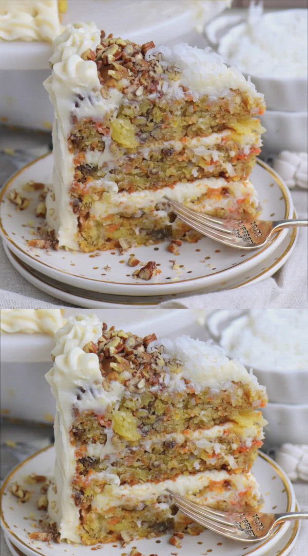 This may contain: there are two pictures of cake with frosting on the top and one has a fork in it