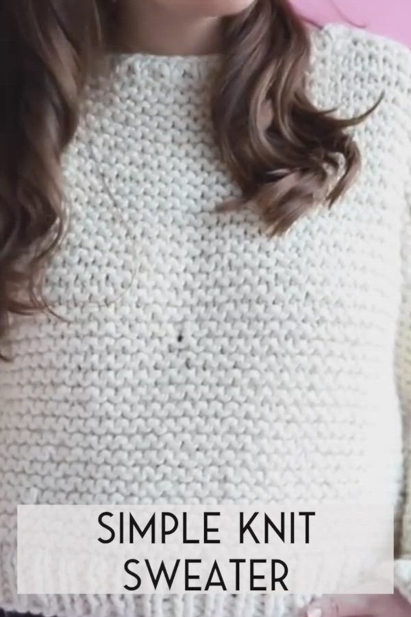 This may contain: a woman wearing a white knit sweater with text overlay that reads, simple knit sweater