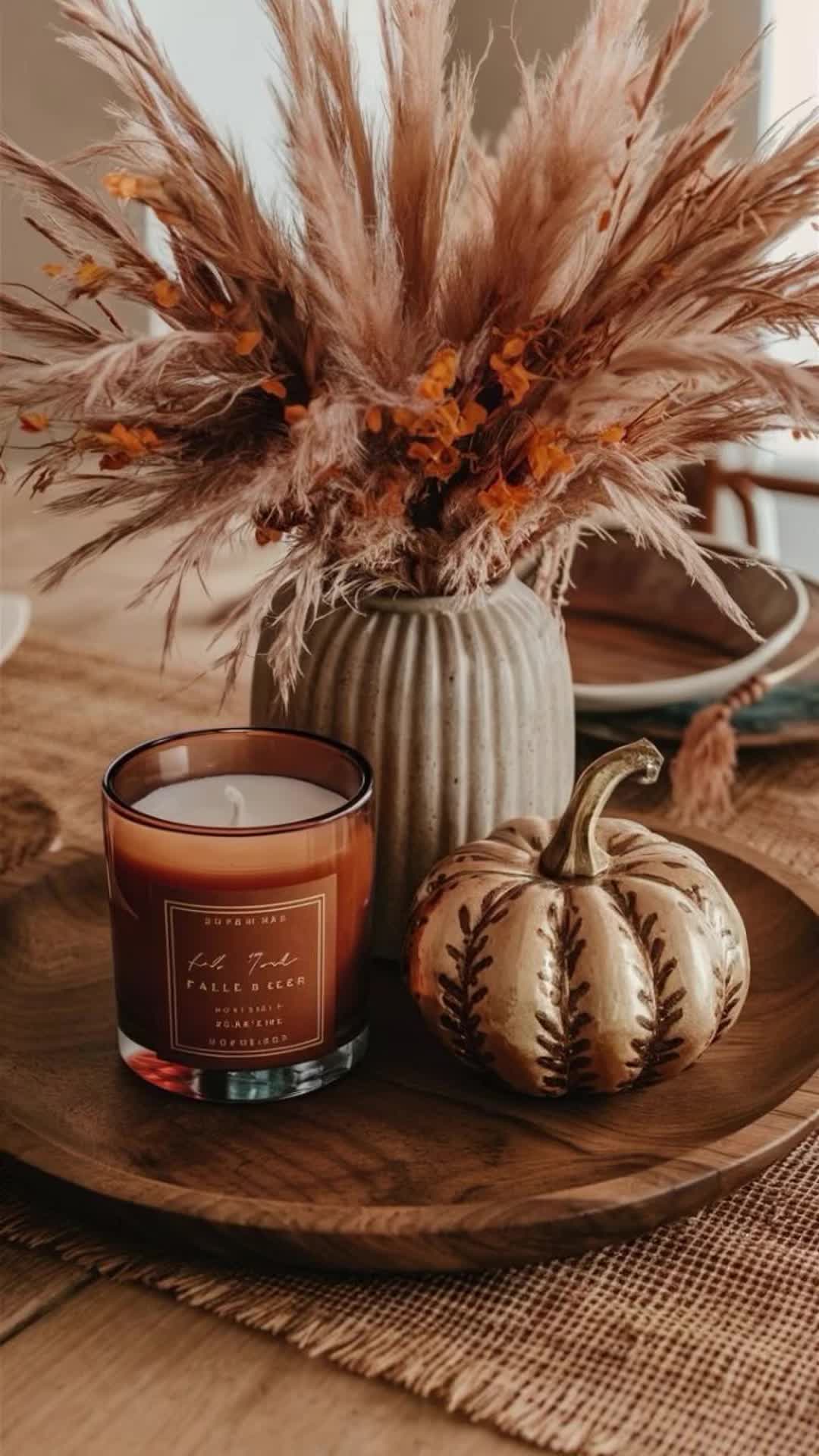 This may contain: a candle sits on a wooden plate next to some pumpkins and pamodia