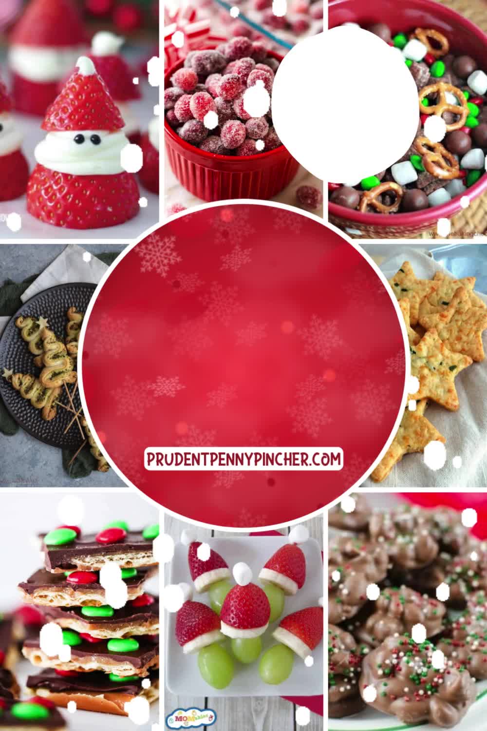 This contains: Festive Christmas snacks for holiday parties, featuring fun and cute ideas that include sweet and savory appetizers, healthy finger foods, and festive snack mixes, perfect for kids and adults.