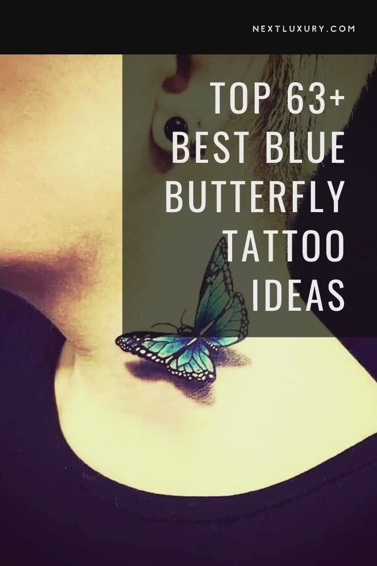 This may contain: a blue butterfly tattoo on the leg