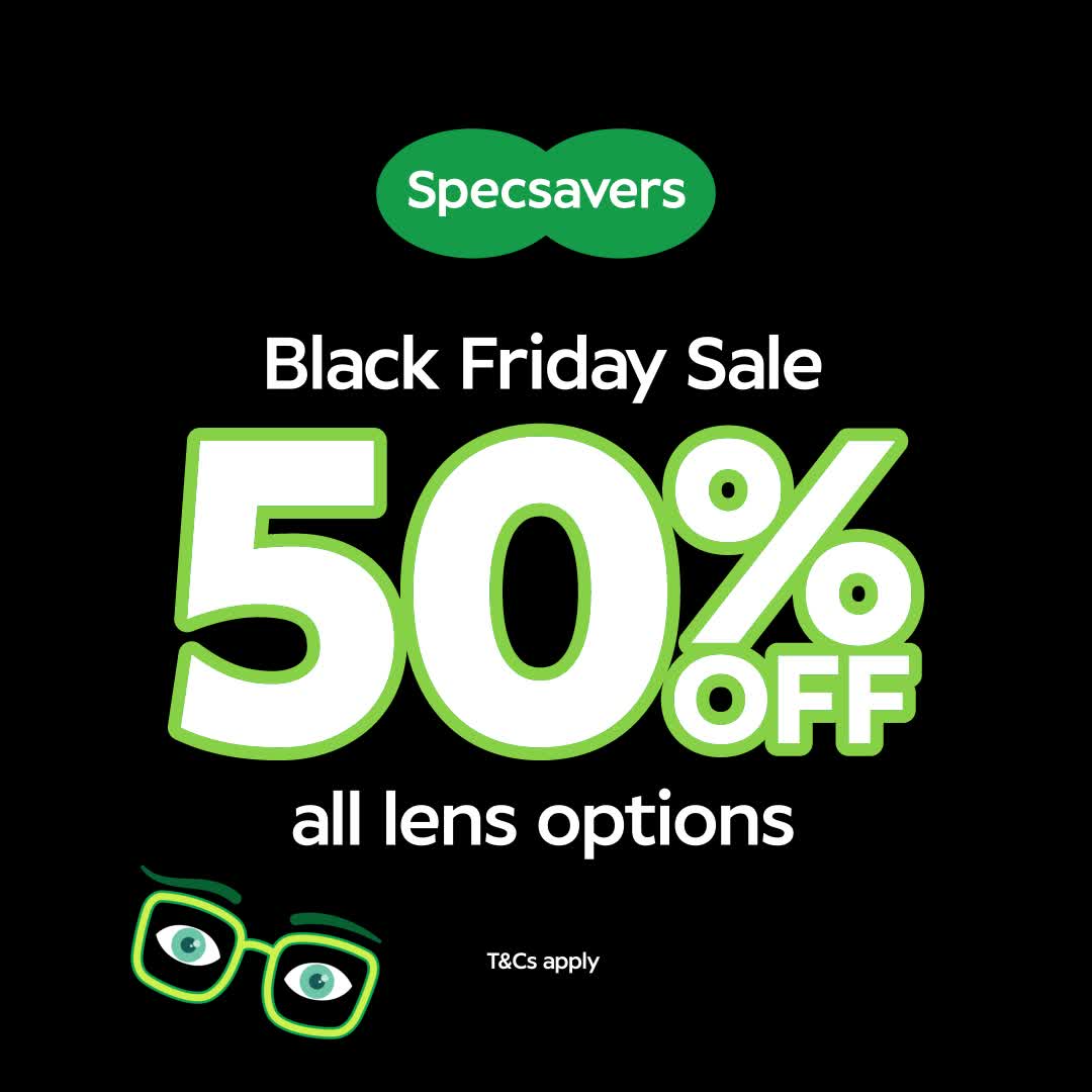 This may contain: black friday sale 50 % off all lens options with this coupon code not available