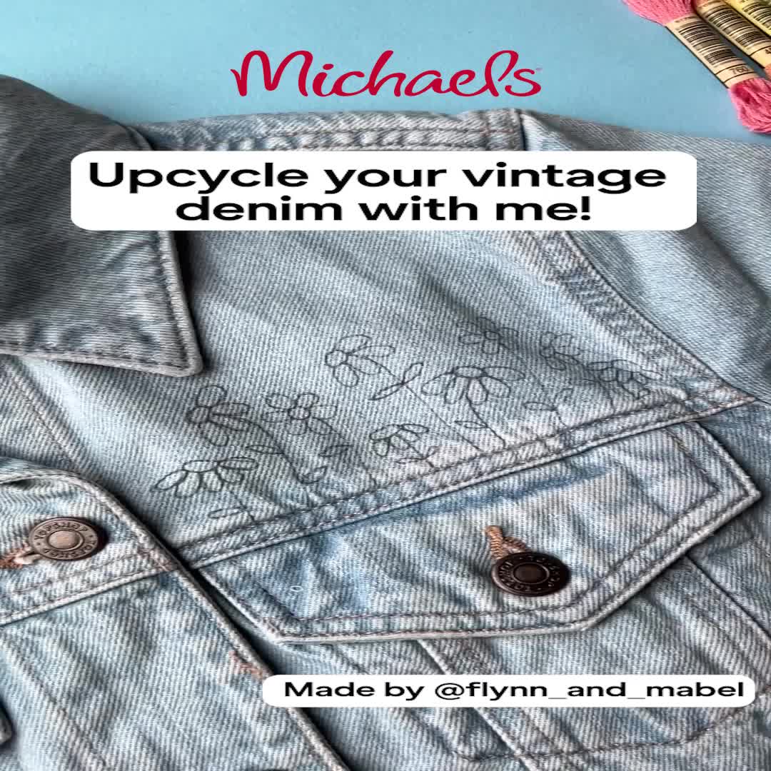 This may contain: a denim jacket with flowers embroidered on it and the words michael's try these 3 embroidery stitches