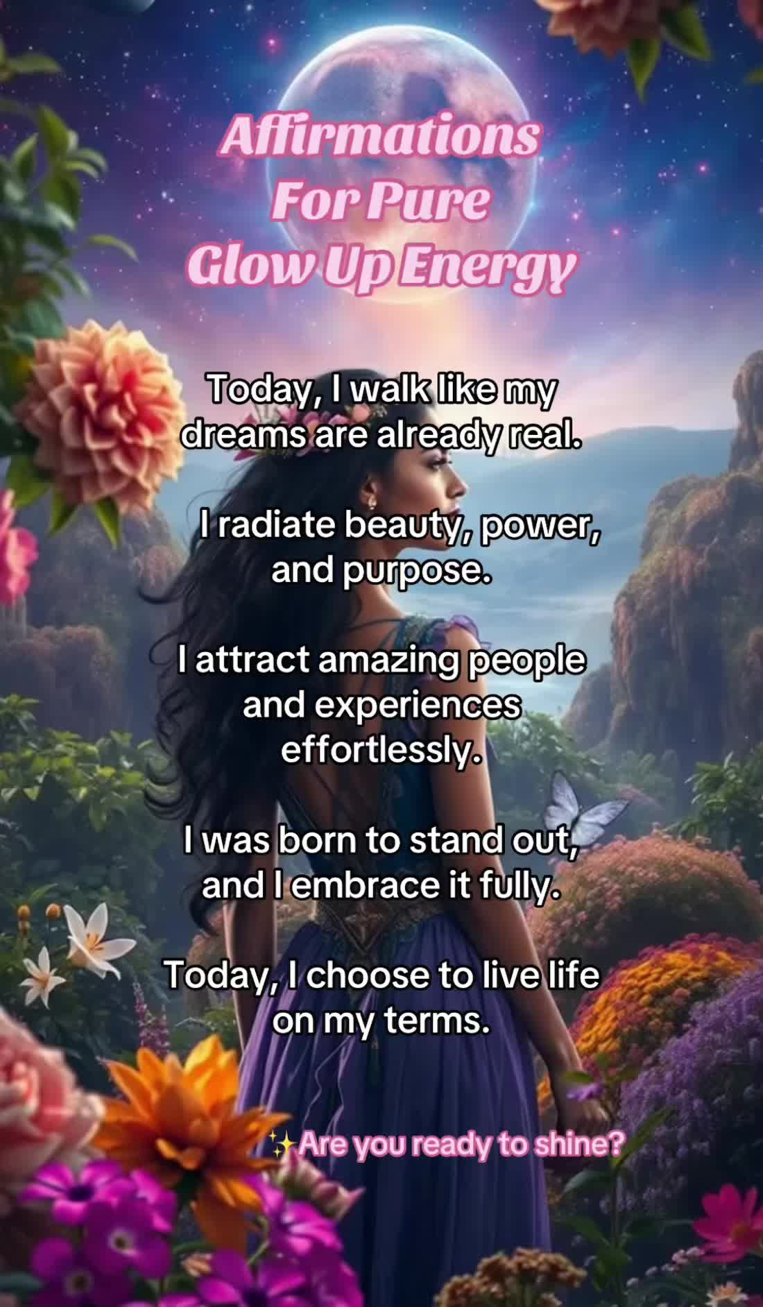 This may contain: a woman standing in front of flowers with the words affirmnations for pure glow energy