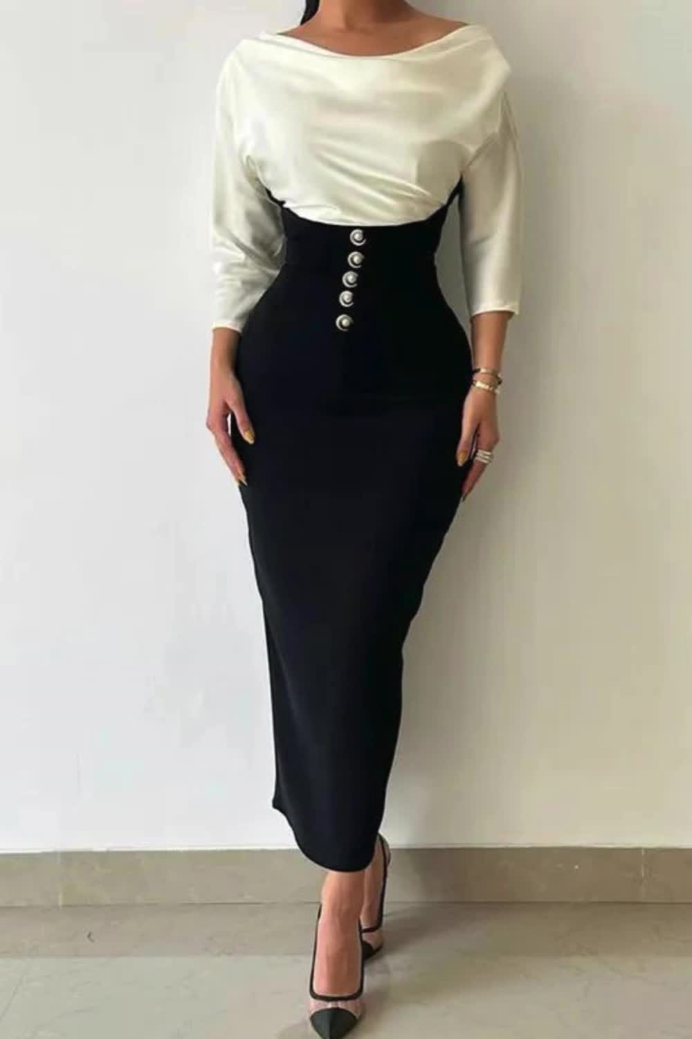 "Achieve effortless elegance with our Solid Color Blouses Tops & High-Waisted Bodycon Skirts Bottoms Two-Piece Sets. This chic ensemble features a sleek blouse and a flattering bodycon skirt, perfect for both professional and casual settings."