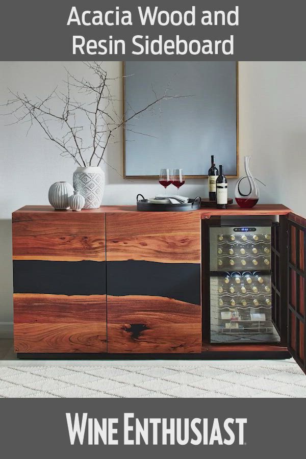 This may contain: a wine enthusiast's guide to acacia wood and resinin sideboard