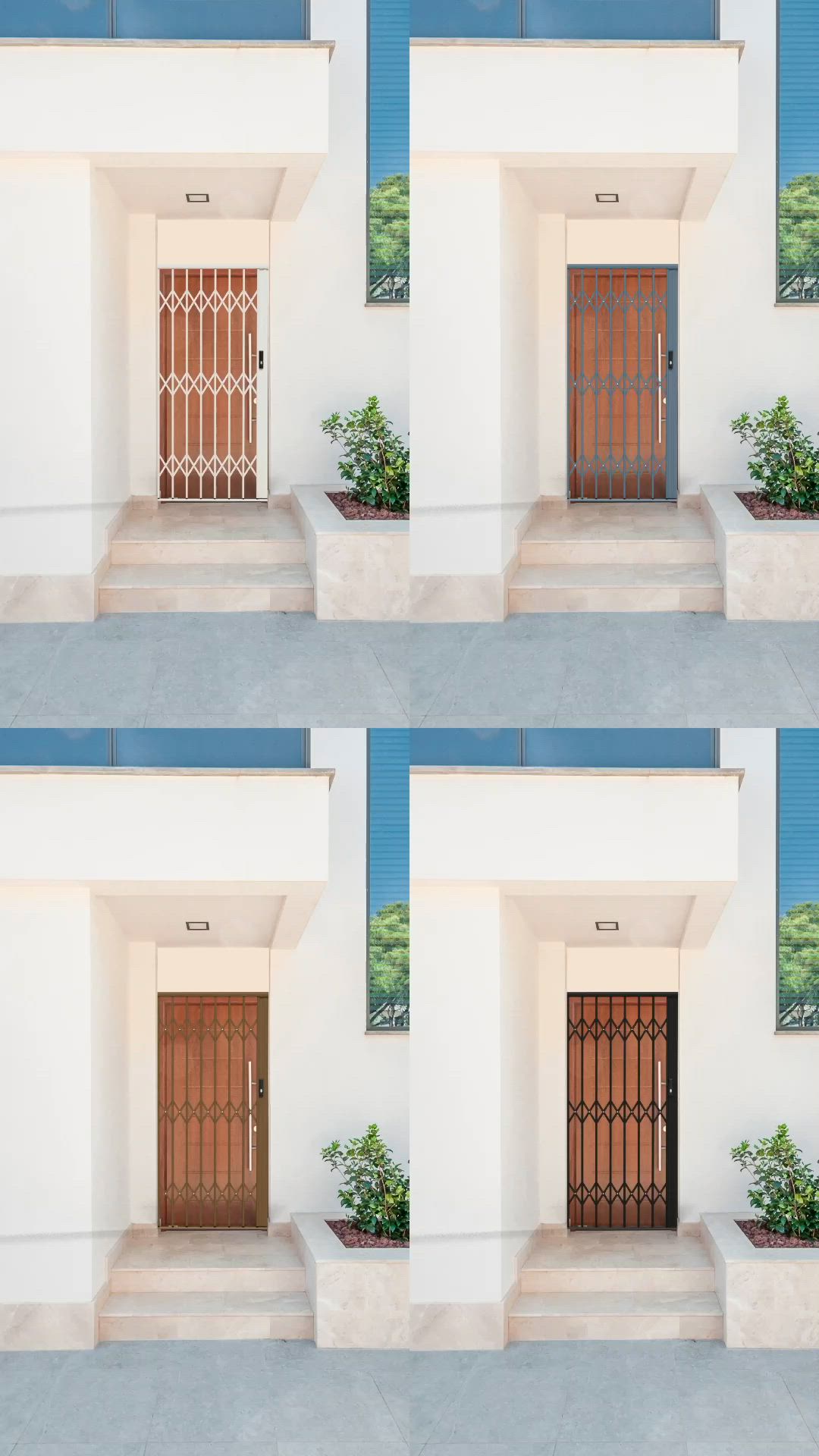 This may contain: the front and back doors of a building with blue sky in the background that says new aushield security gate available in a range of colors