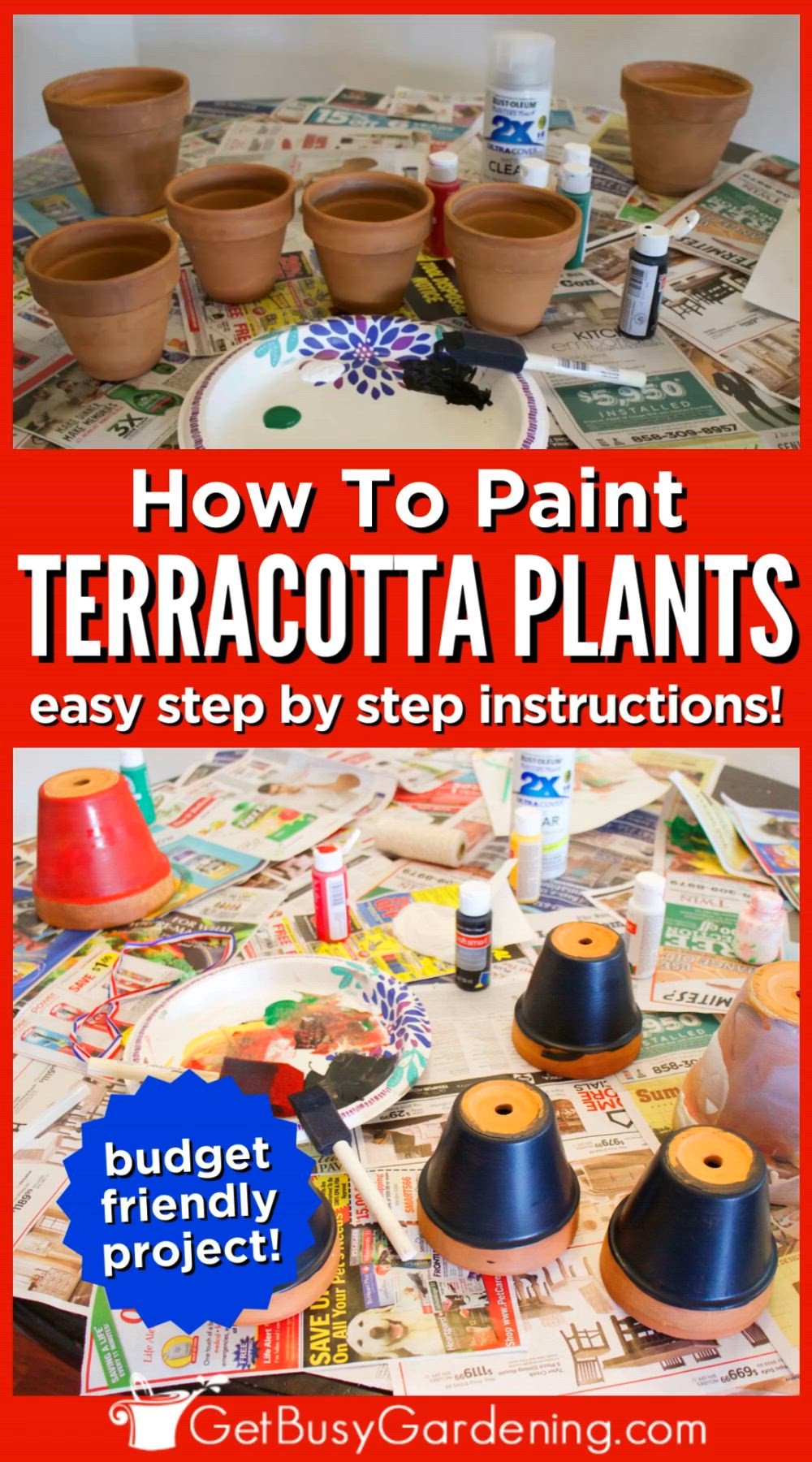 This contains: video tutorial over a photo of terracotta pots on a table with newspapers down and painting supplies and brushes on it