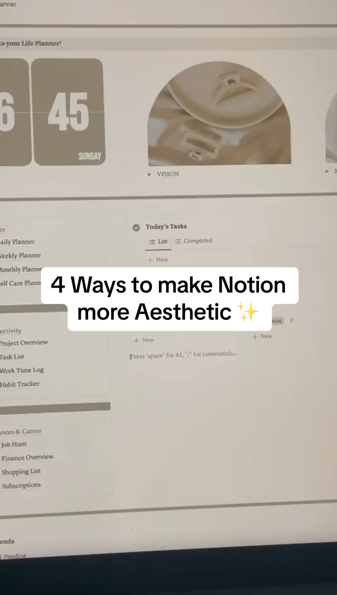 This contains: Searching for ways to give your Notion Template a stylish makeover? Well, you're in luck! In this video, I'll walk you through four simple ways to elevate your Notion workspace and make it look aesthetic.