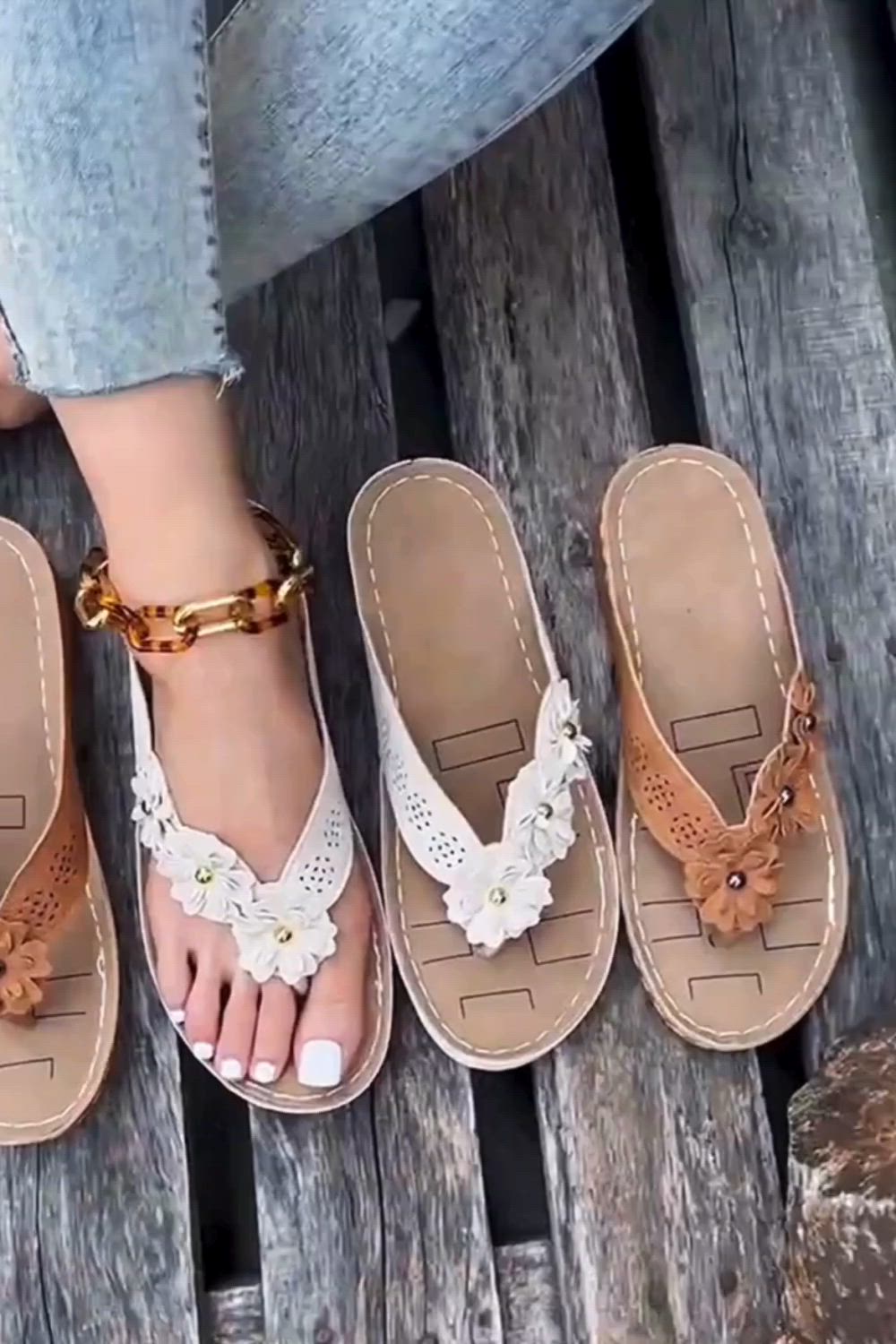 Women's Floral Wedge Sandals, Retro Solid Color Non Slip Flip Flops, Casual Outdoor Slides Shoes