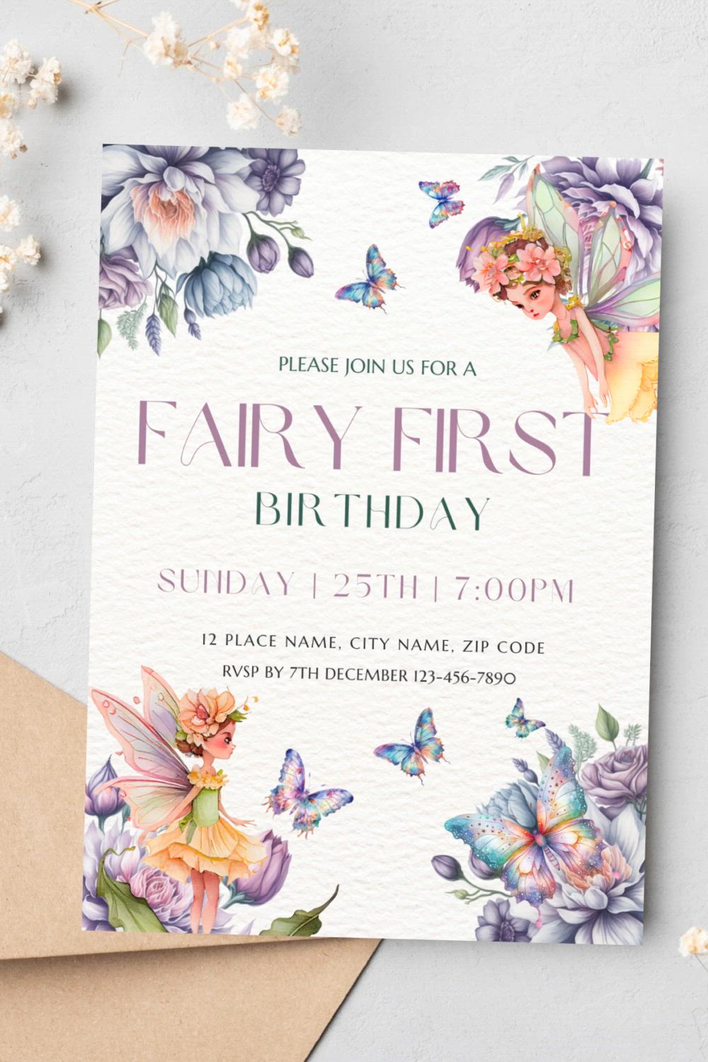 This may contain: an image of a birthday party card with flowers and butterflies on the front, in white paper