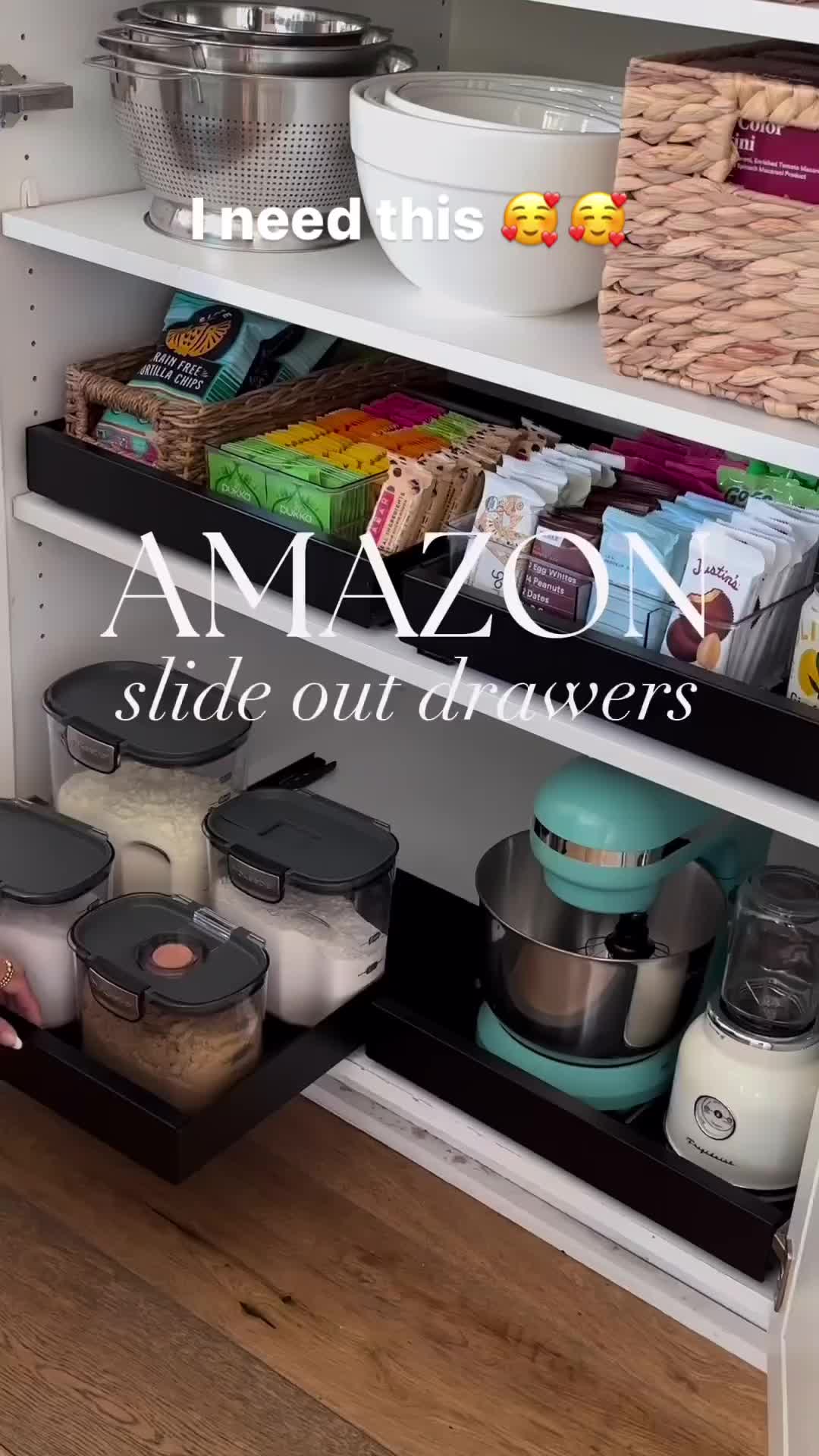 This may contain: an organized pantry with shelves, containers and food items on the bottom shelf that is labeled'amazon slide out drawers '