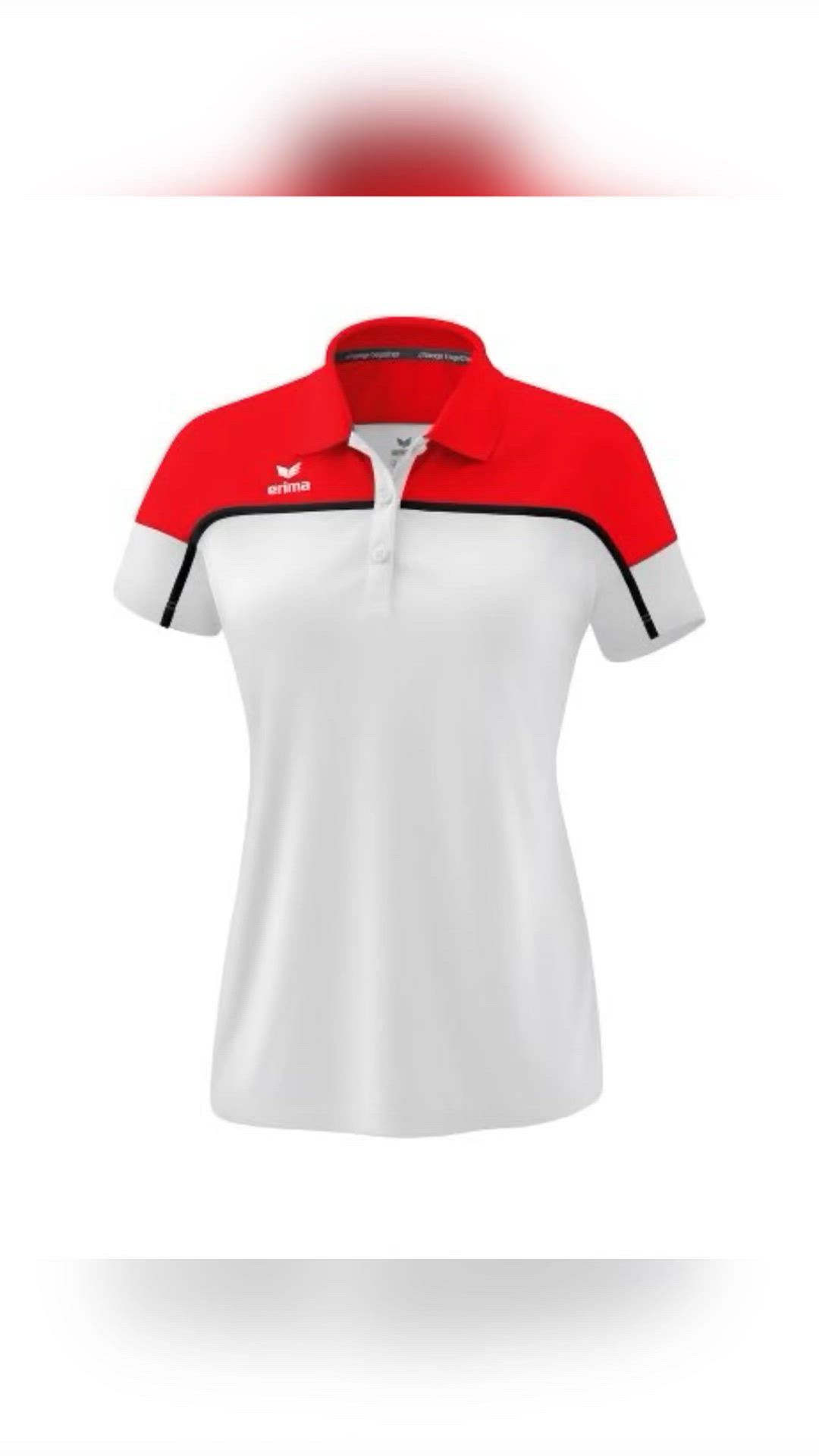 This may contain: a women's white and red polo shirt