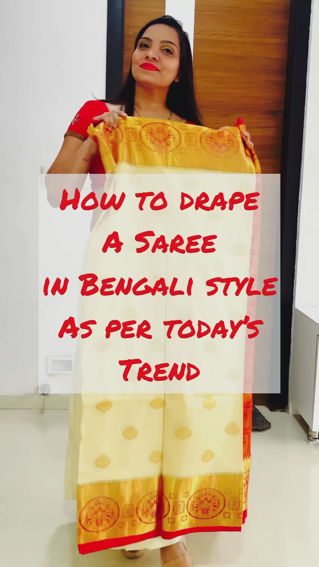 This contains an image of: Bengali style saree draping