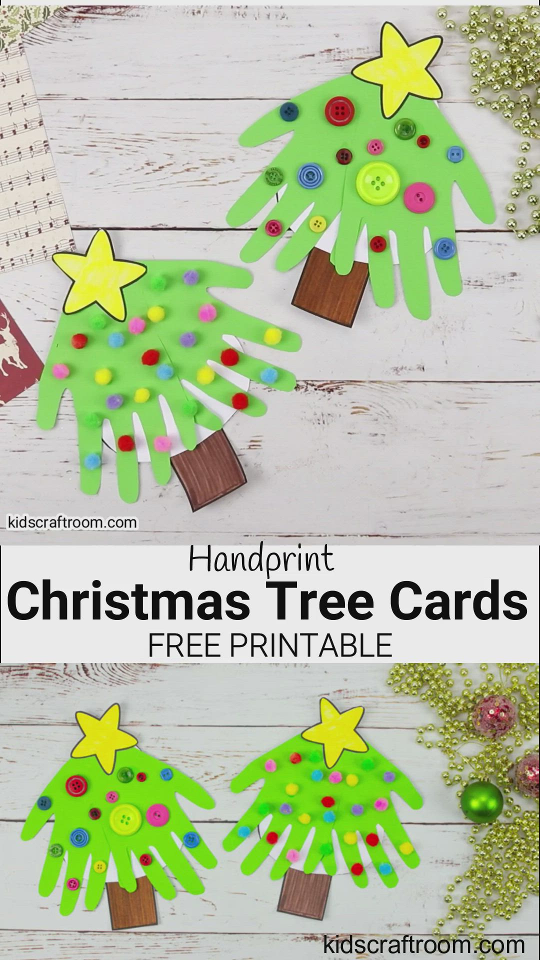 This may contain: handprint christmas tree cards with free printables for kids to make and decorate