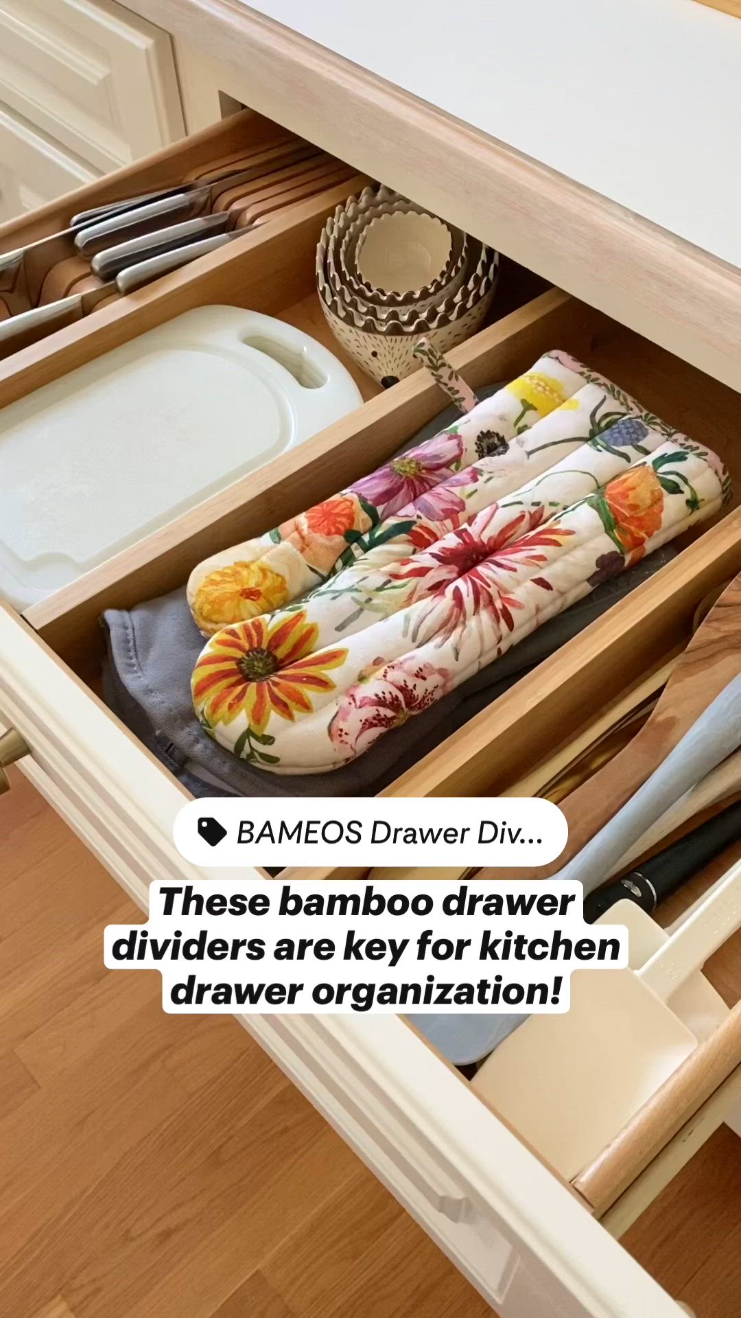 This may contain: an open drawer with dishes and utensils in it that says, these bamboo drawer dividers are key for kitchen drawer organization