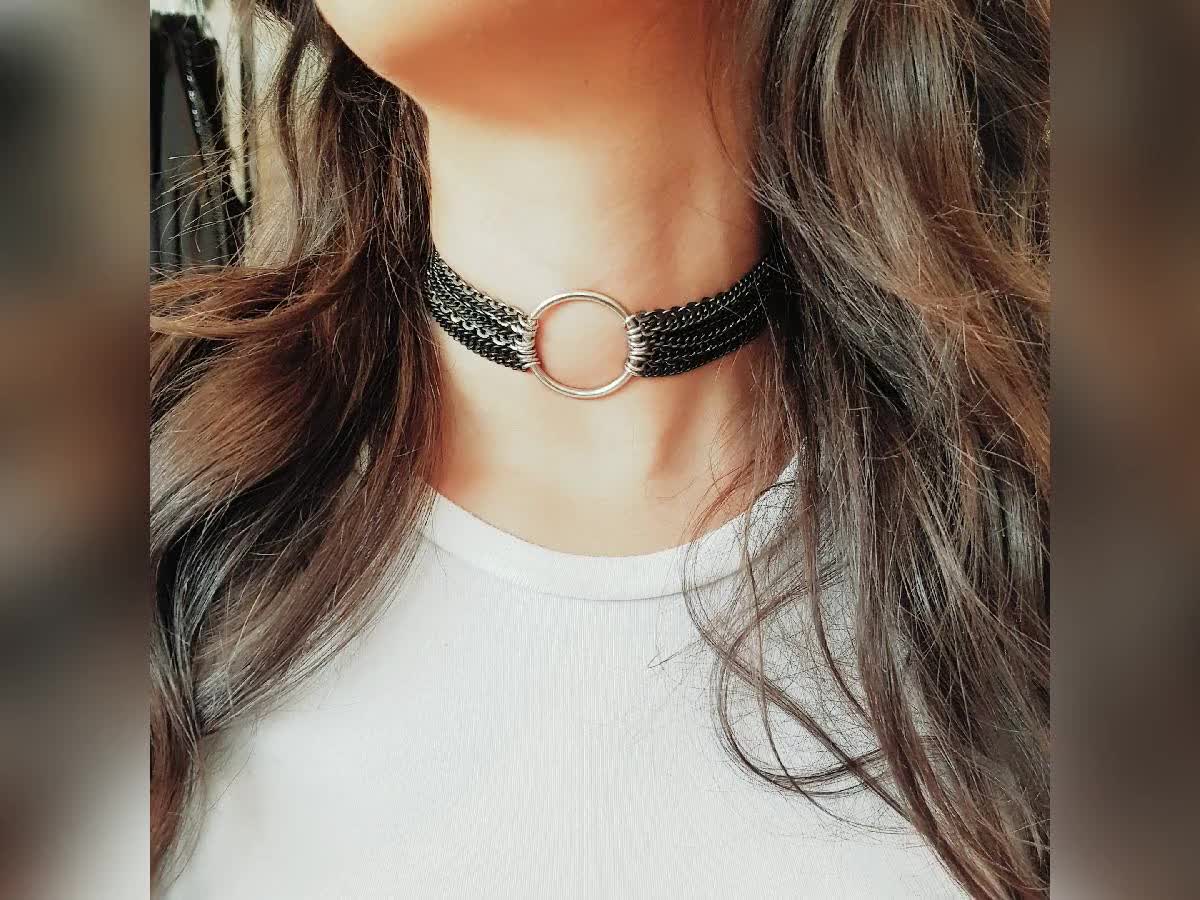 O Ring Choker - Black Chain Choker  - Hoop Choker - Multi Strand Choker -  Multi Chain Necklace - Silver Hoop Necklace - Thick Chain Choker