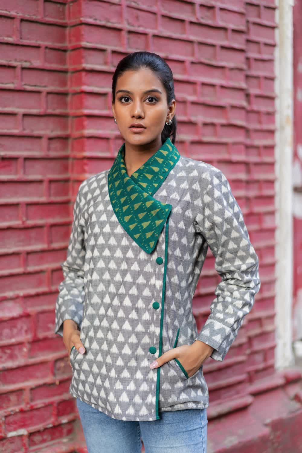 This contains: Grey Shawl Collar Work Wear Ikat Jacket | Work Wear | Ikat Print