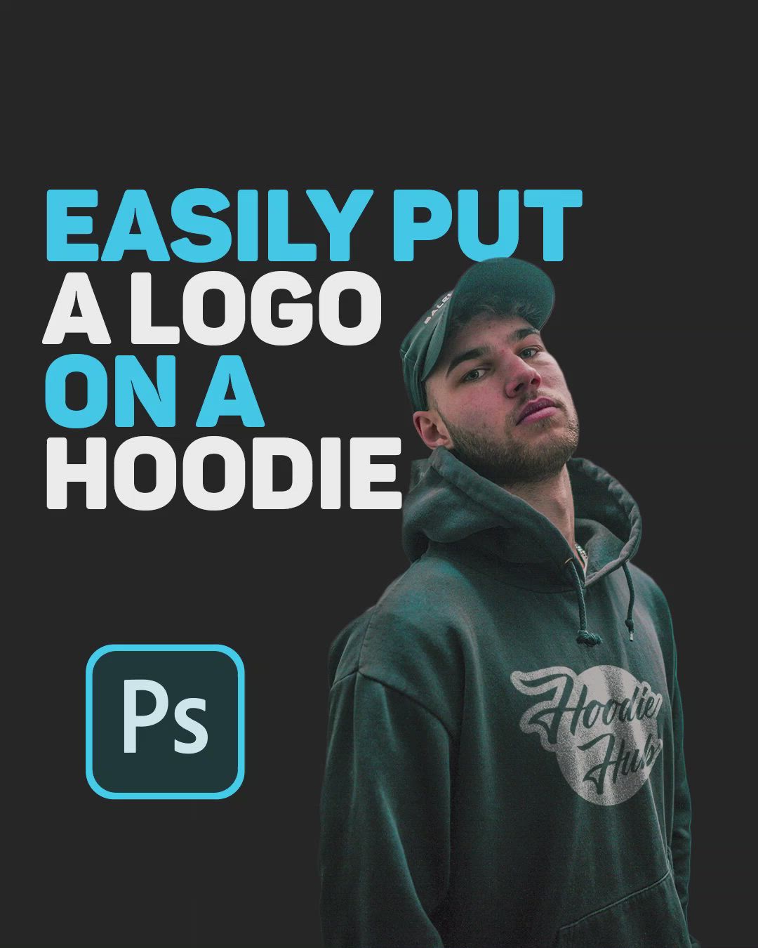 This may contain: a man wearing a black hoodie with the words easily put a logo on a hoodie