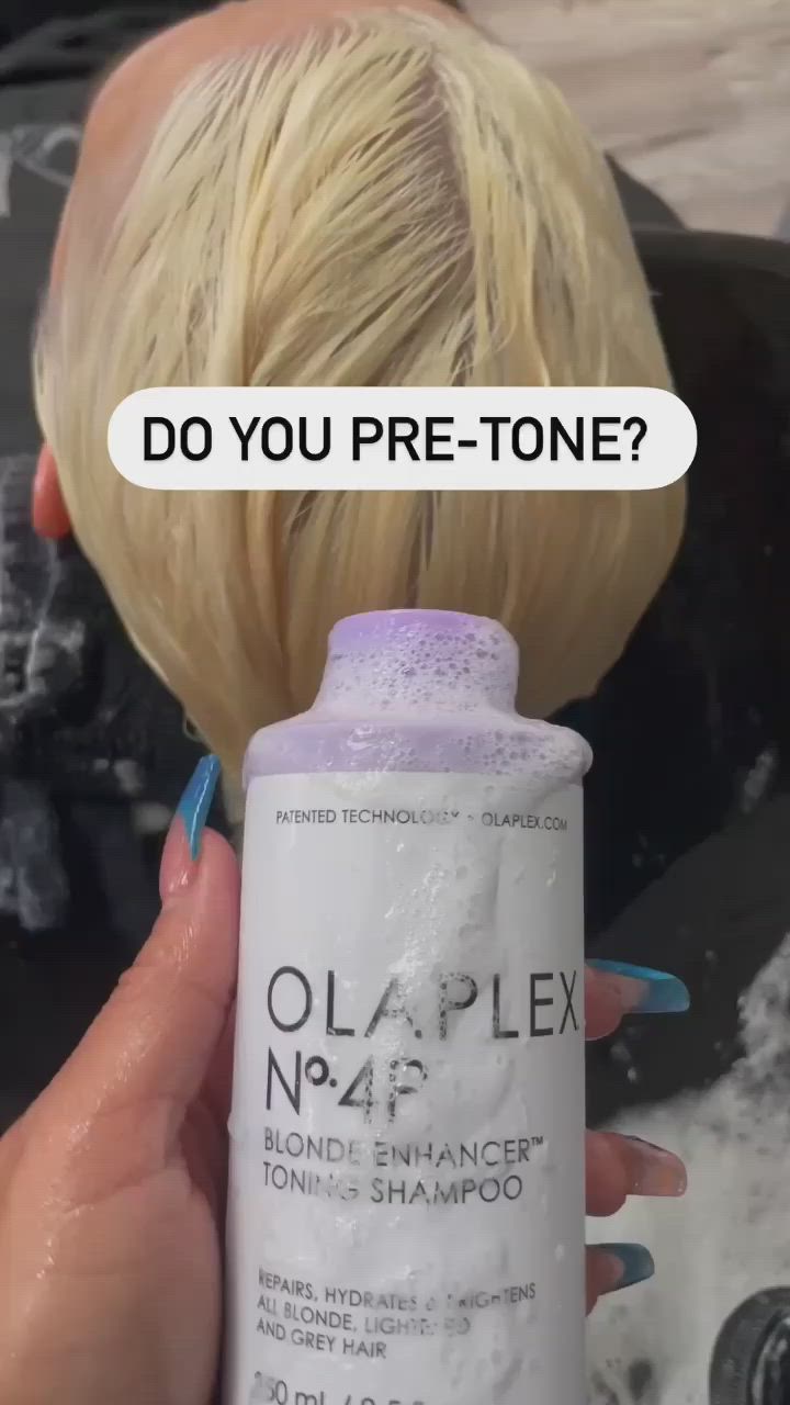 This contains: OLAPLEX purple shampoo is great for blonde hair and grey hair.