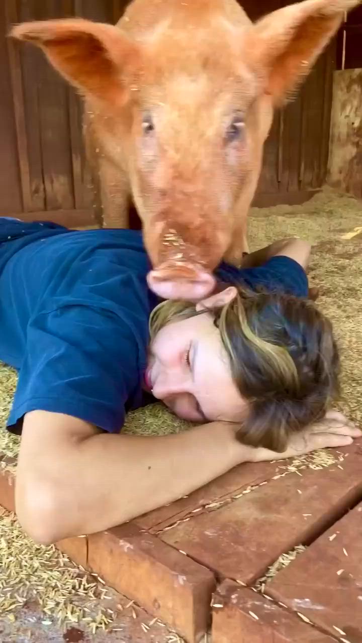 This may contain: a woman laying on the ground next to a pig with it's nose sticking out