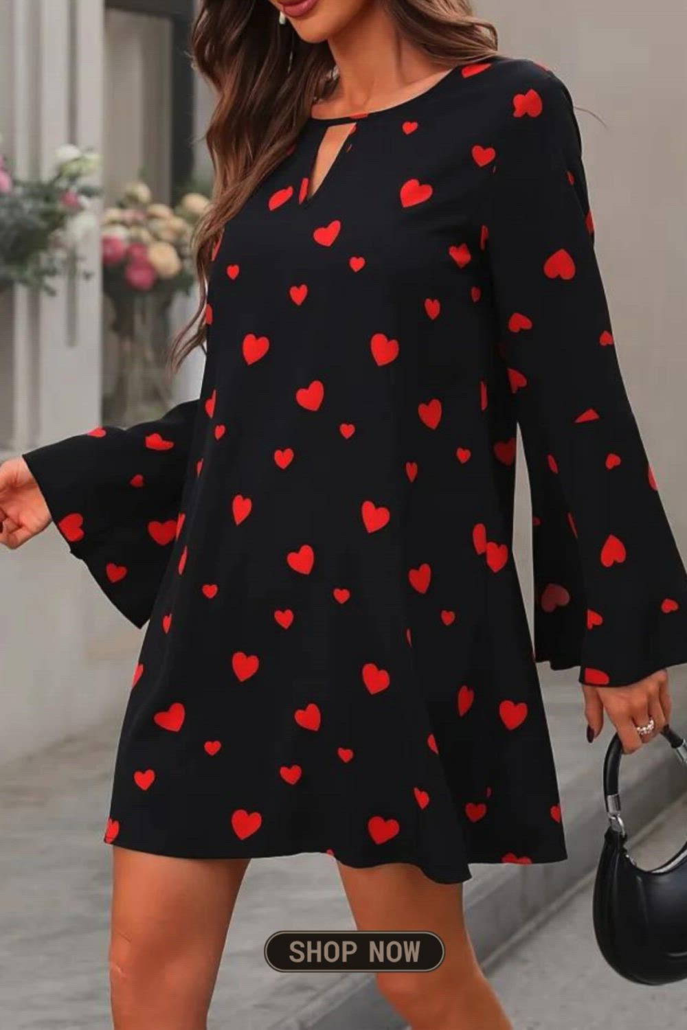 Heart Print Keyhole Dress, Elegant Flare Sleeve Dress For Spring & Fall