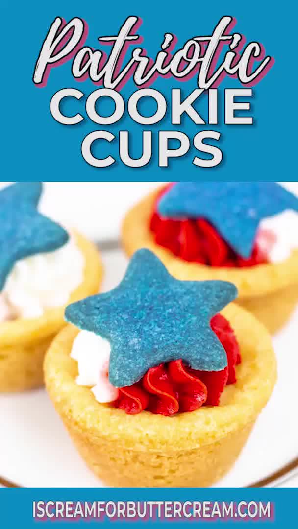 This may contain: patriotic cookie cups with red, white and blue frosting on top are the perfect dessert for memorial day