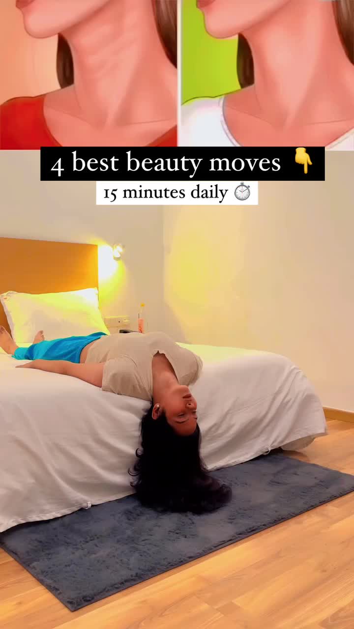 This may contain: a woman laying on top of a bed in front of a wall with the words 4 best beauty moves