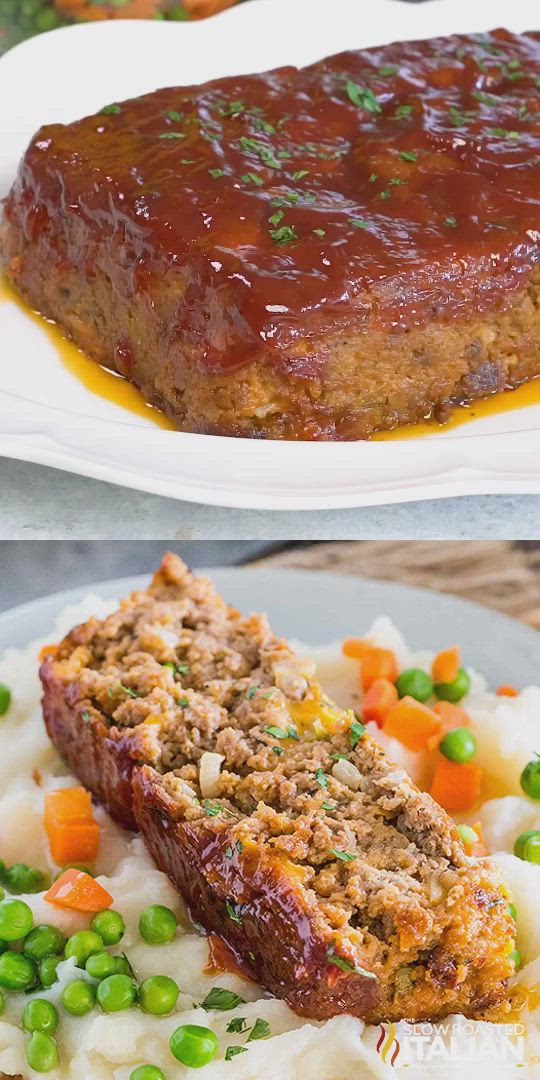 This may contain: meatloaf, mashed potatoes and peas on a plate