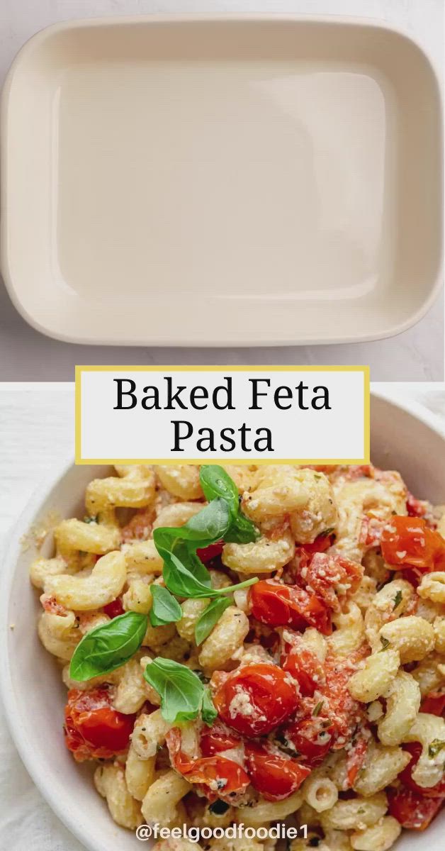 This may contain: baked feta pasta with tomatoes and basil in a white bowl