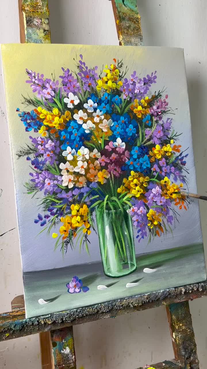 This may contain: a painting of flowers in a vase on an easel