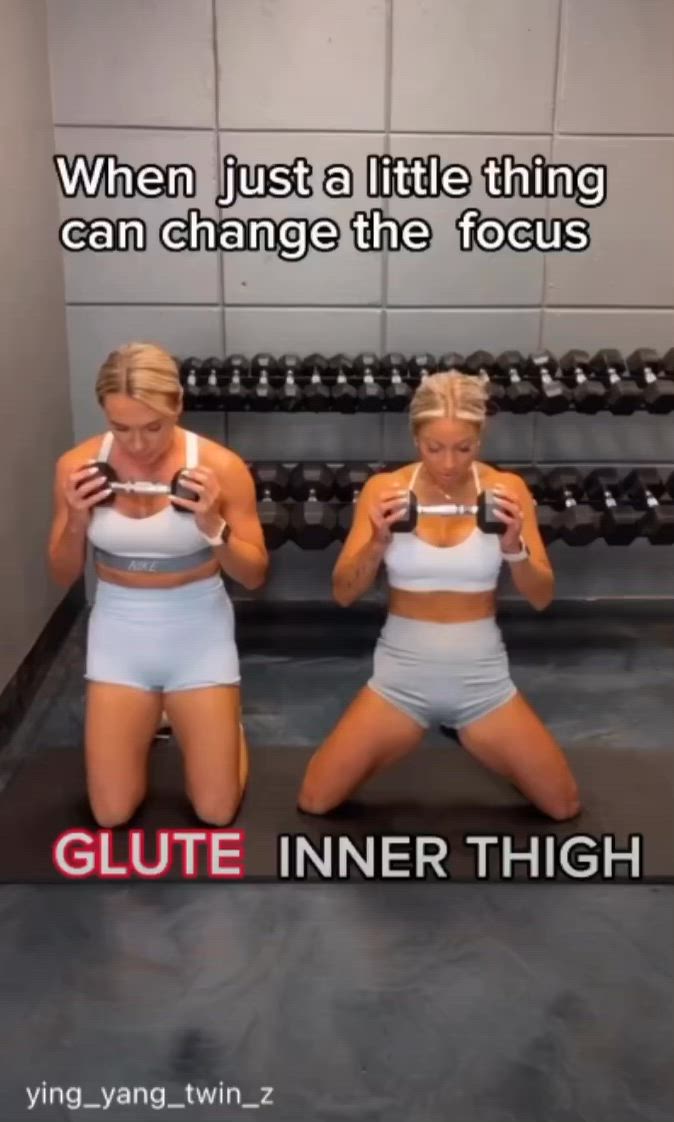 This may contain: two women squatting in front of a row of dumbs with the caption, when just a little thing can change the focus