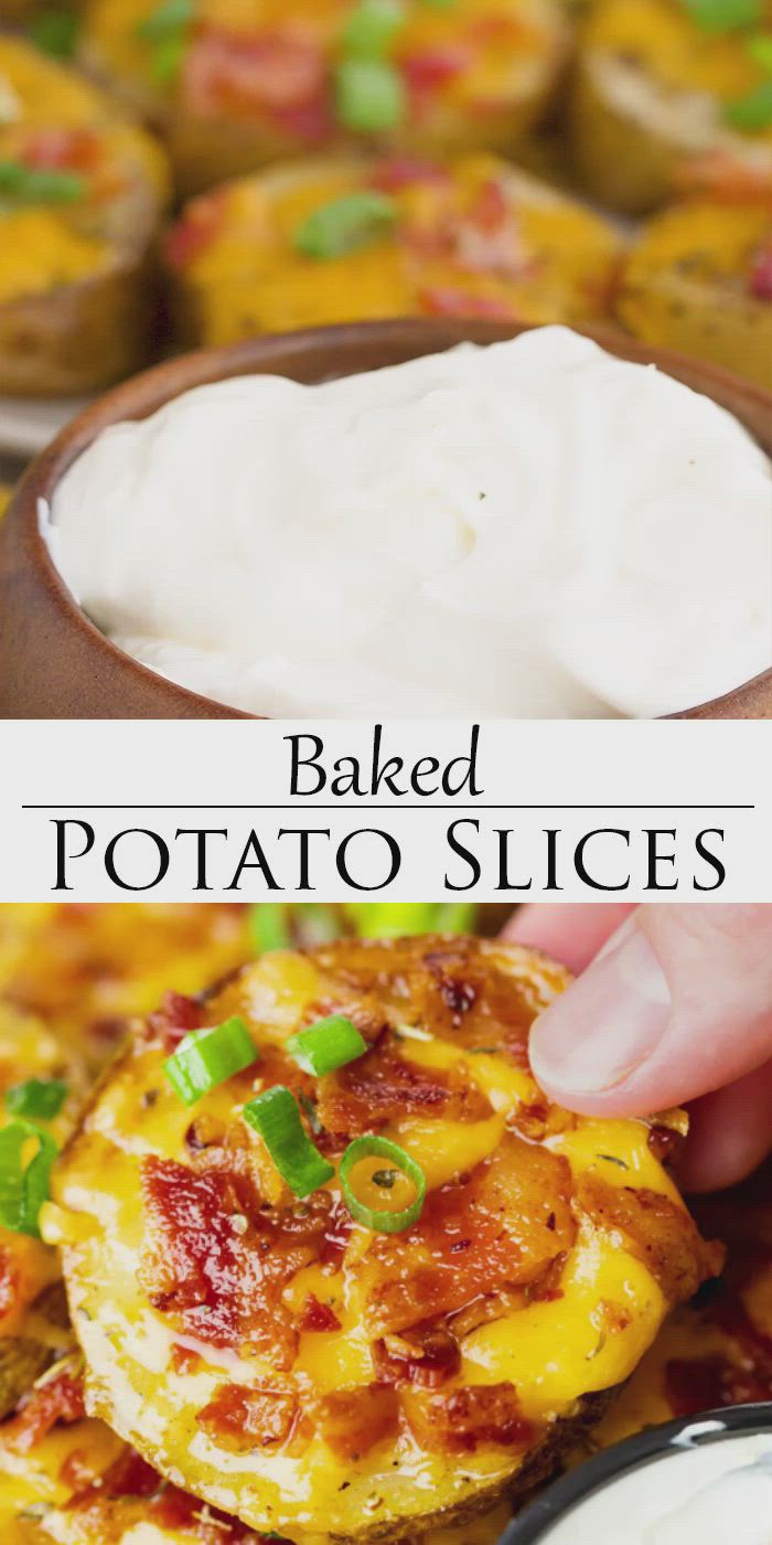 This may contain: baked potato slices with bacon, cheese and sour cream