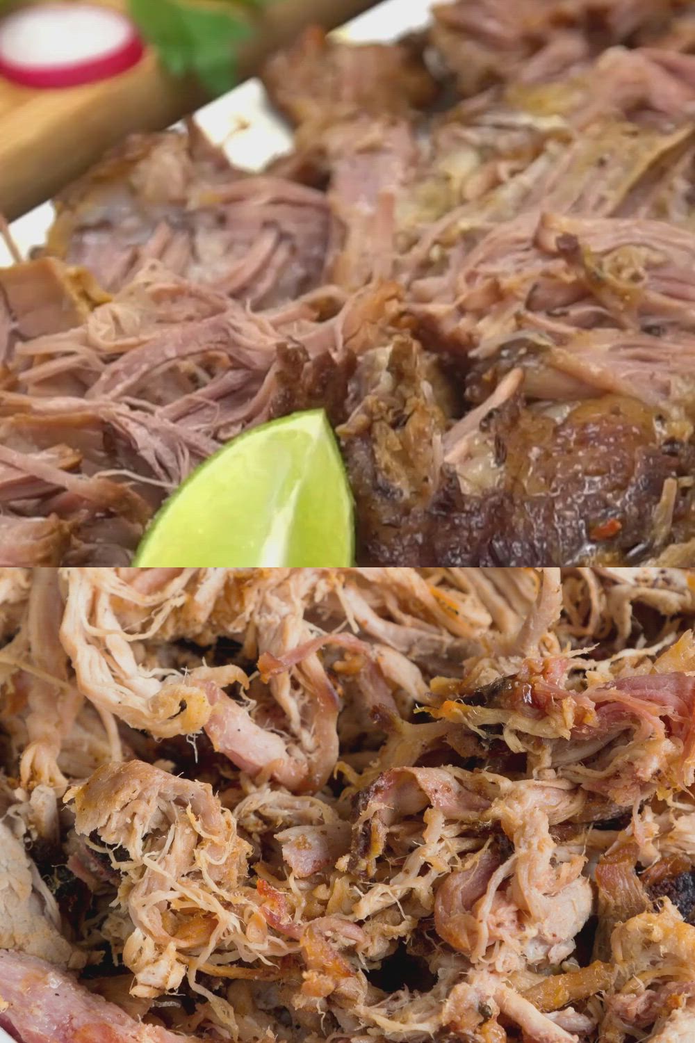 This may contain: two pictures of shredded meat with lime wedges on the side and another photo of pulled pork