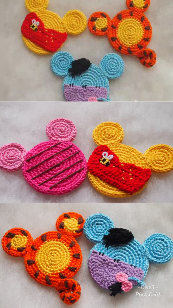 This may contain: crocheted mickey mouse coasters are shown in three different colors and sizes, each with