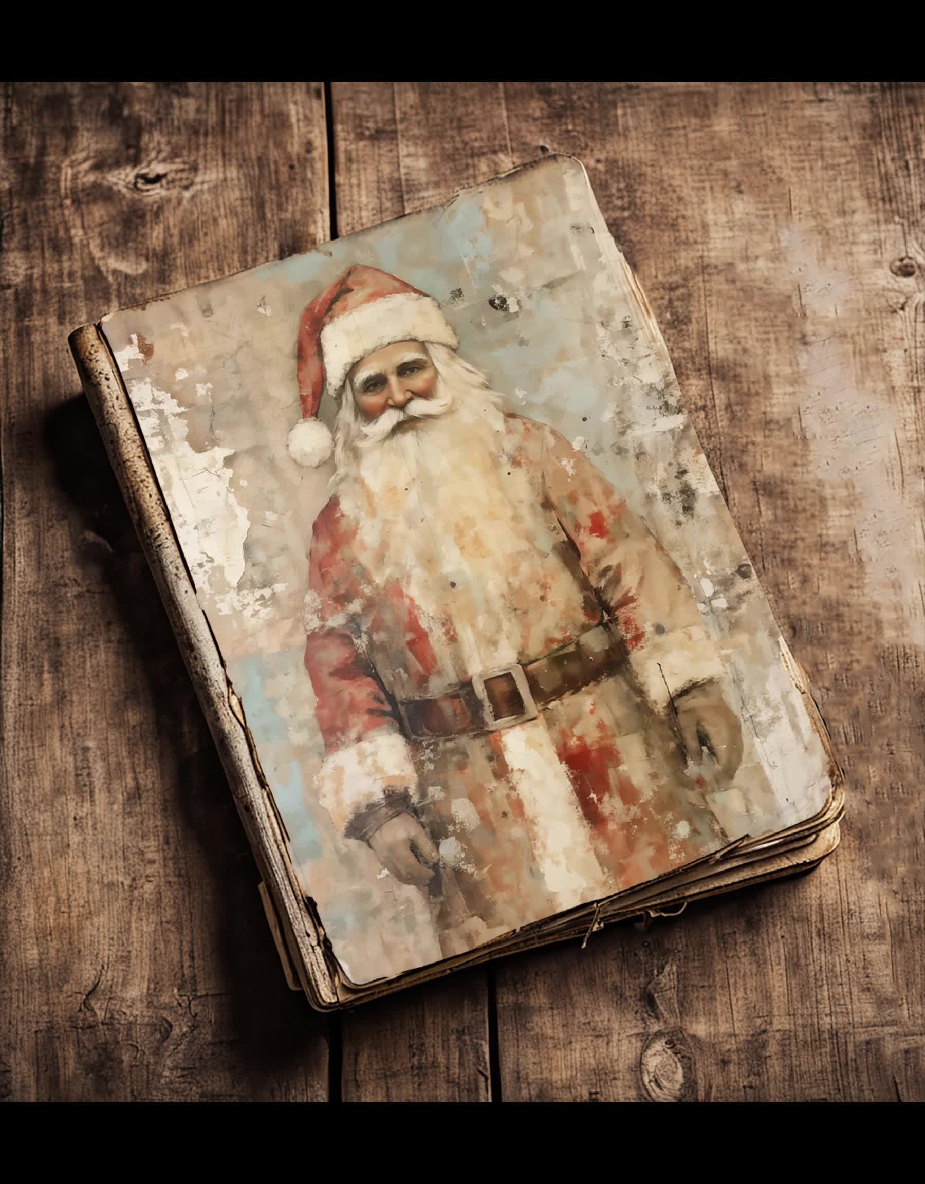 This may contain: an old book with a painting of santa claus on it