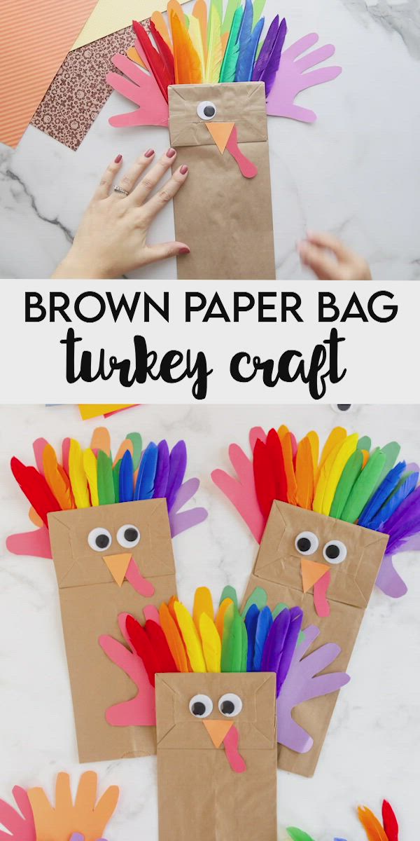 This may contain: the paper bag turkey craft is made with colored paper and has two hands on it