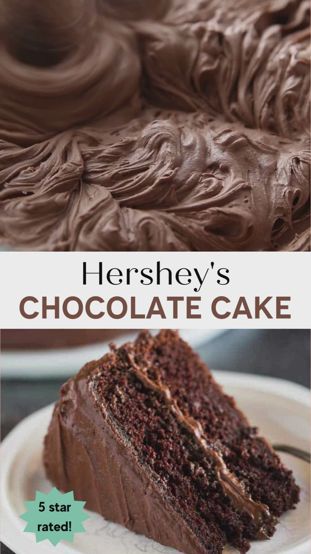 This may contain: there is a piece of cake with chocolate frosting on it and the words hershey's chocolate cake